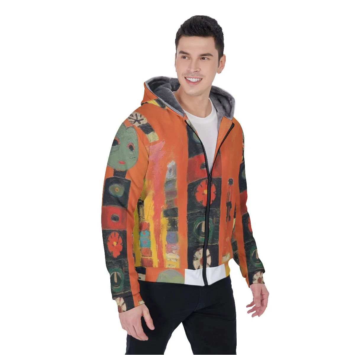 All-Over Print Men's Sherpa Fleece Zip Up Hoodie,orange abstract ddsign, # 25aa1