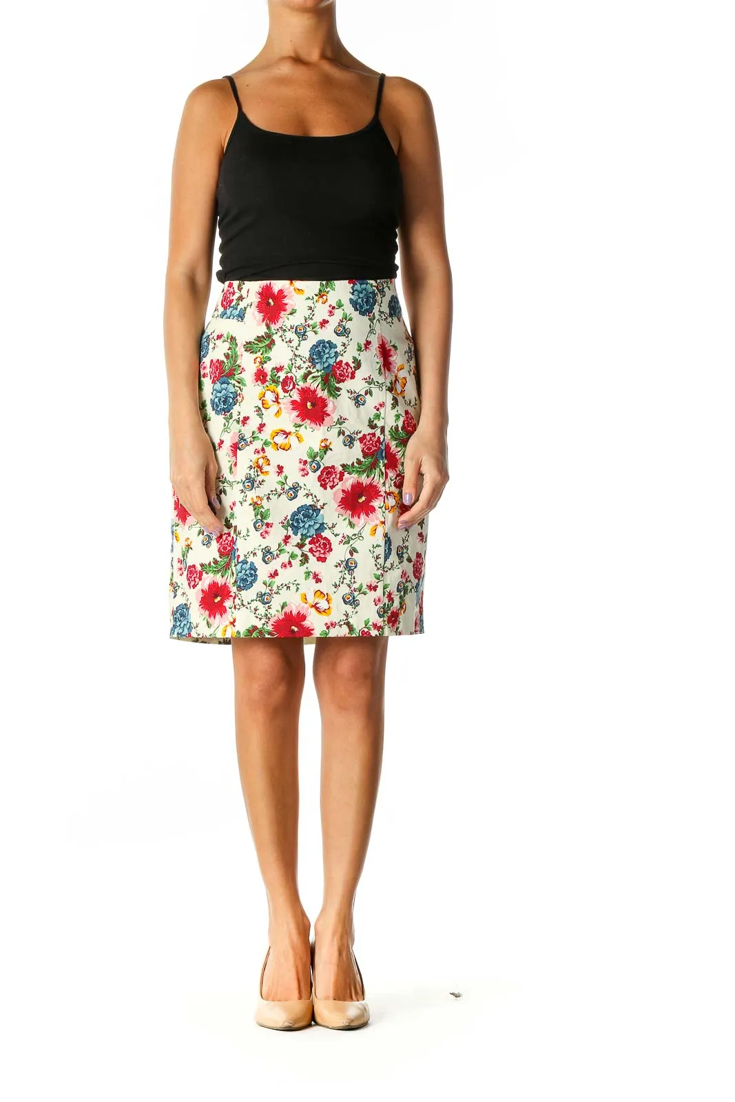 Beige Floral Print Retro Straight Skirt