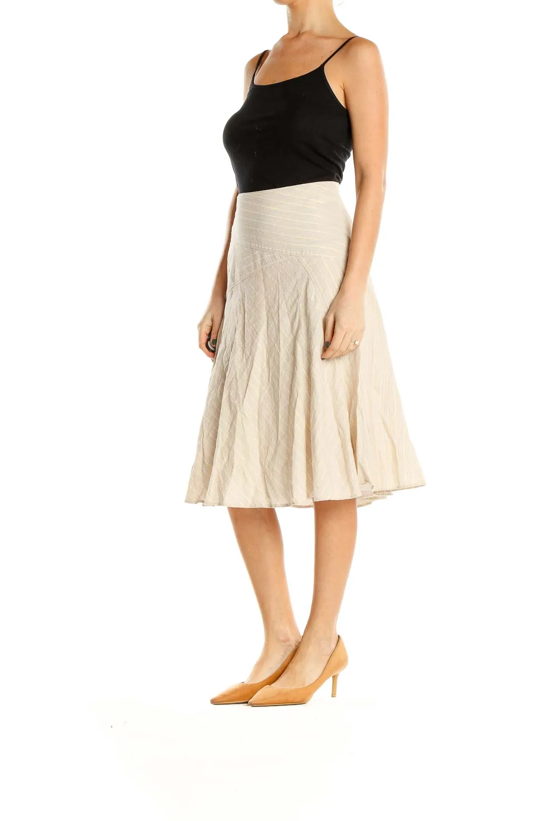 Beige Striped Retro Pleated Skirt