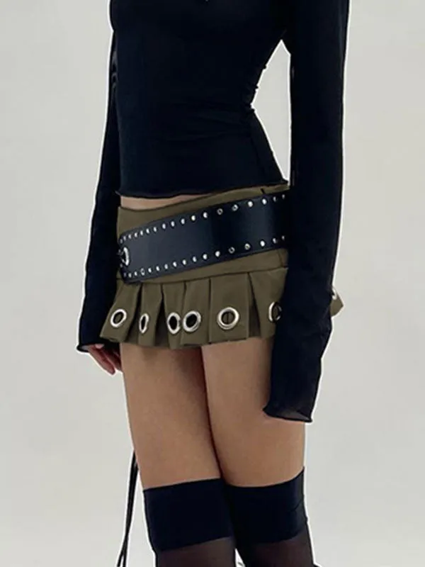 Belted Eyelet Metal Pleated Mini Skirt