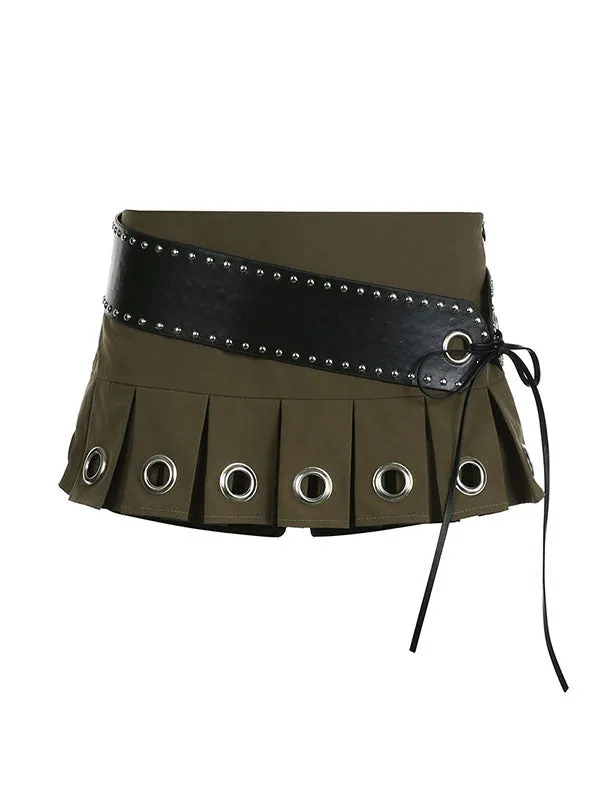 Belted Eyelet Metal Pleated Mini Skirt