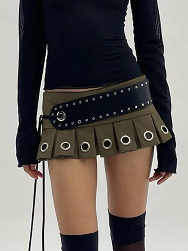 Belted Eyelet Metal Pleated Mini Skirt