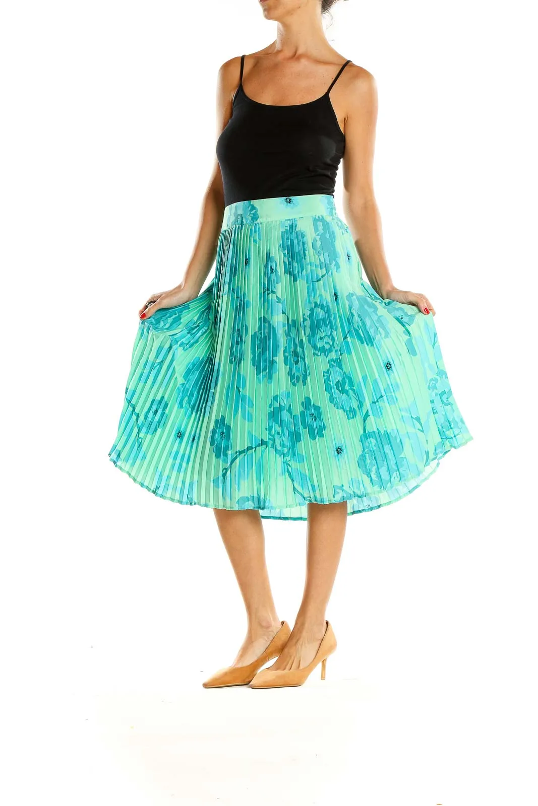 Blue Floral Print Retro Pleated Skirt