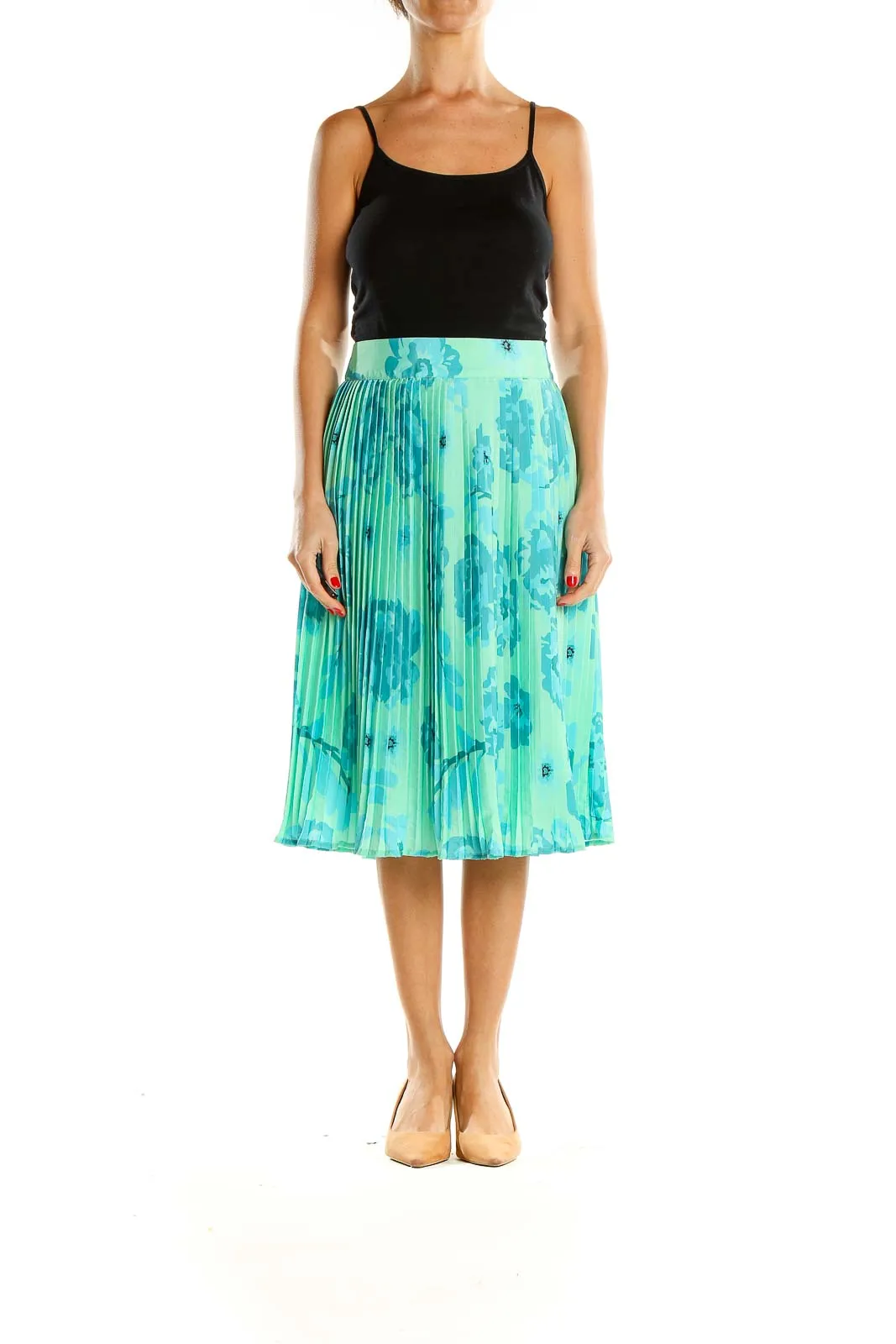 Blue Floral Print Retro Pleated Skirt