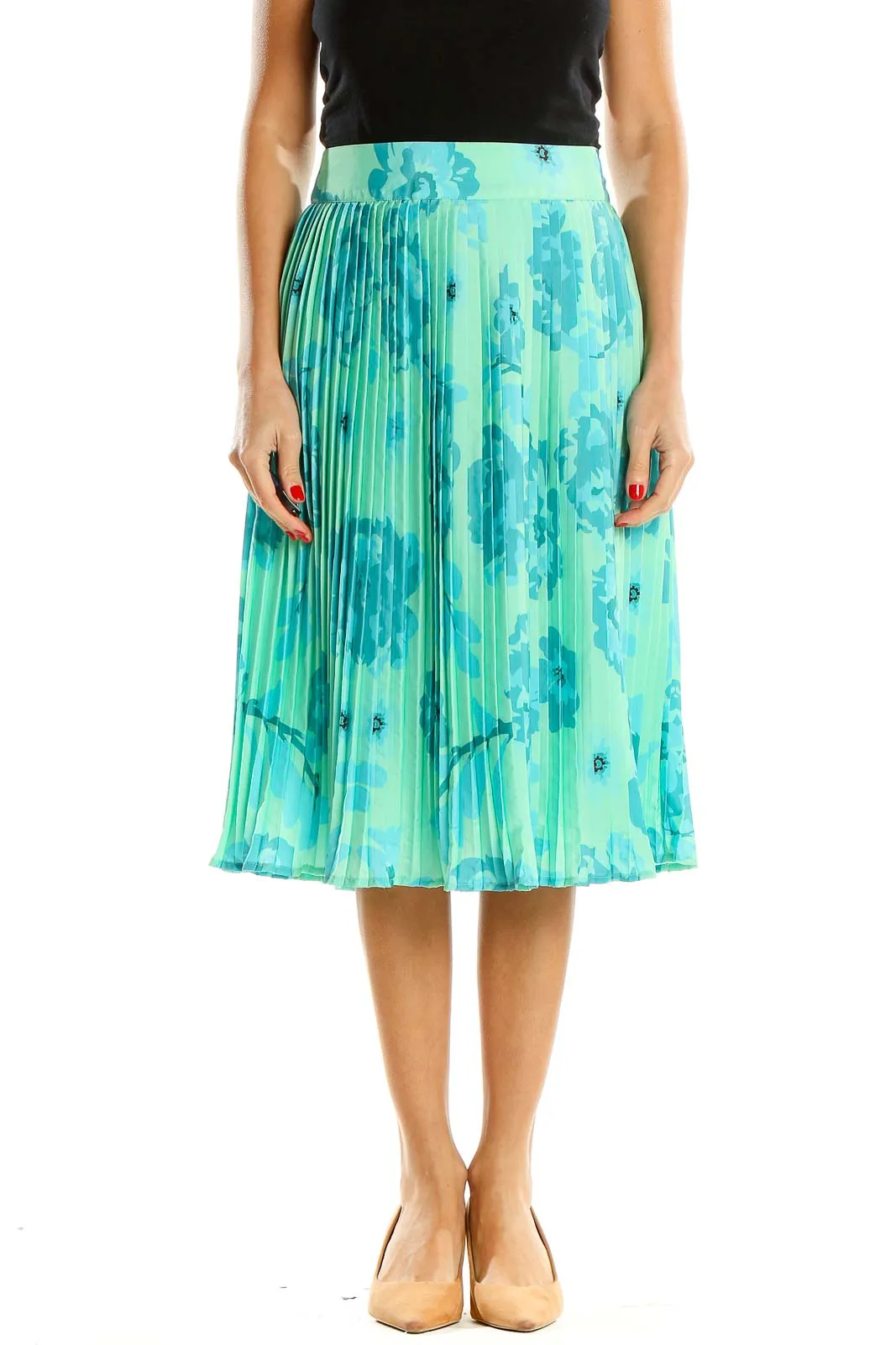 Blue Floral Print Retro Pleated Skirt