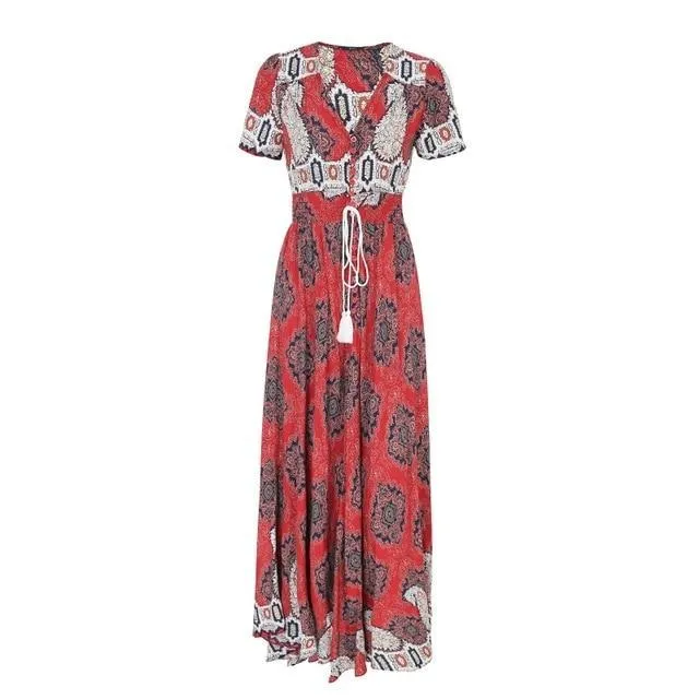 Boho Chic High Waist Shirred Floral Print Maxi Dress