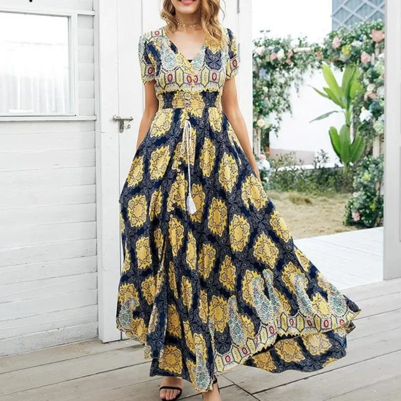 Boho Chic High Waist Shirred Floral Print Maxi Dress