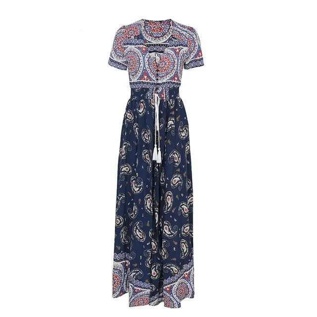 Boho Chic High Waist Shirred Floral Print Maxi Dress