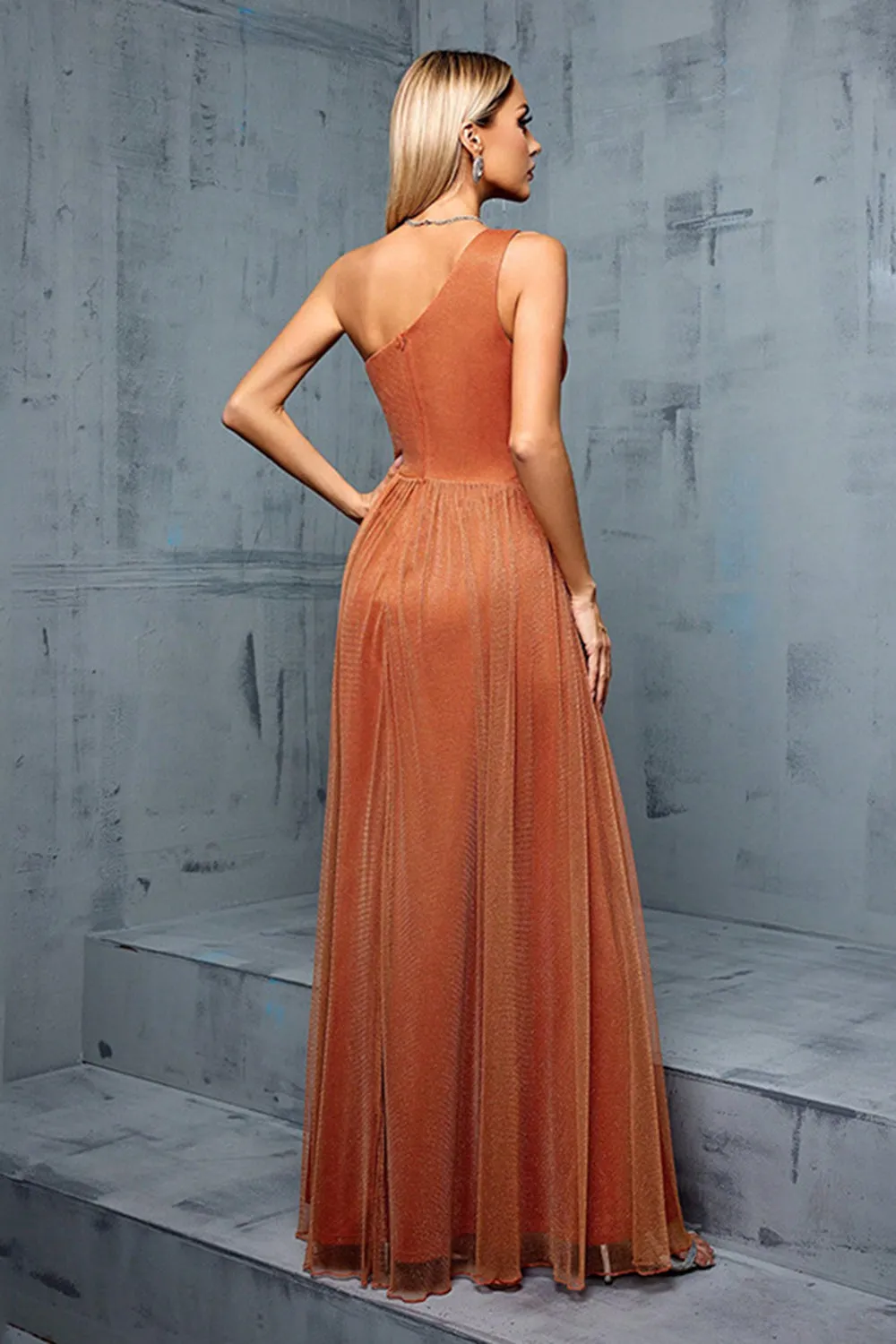 Brown One Shoulder A Line Pleated Maxi Dress