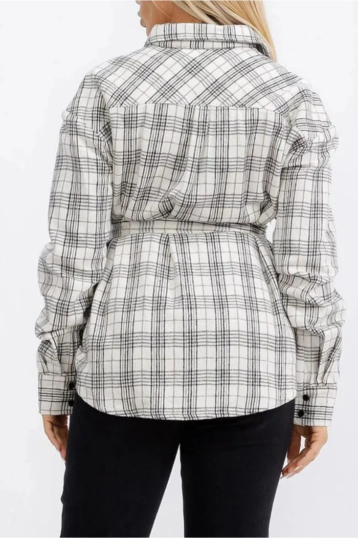 Button Up Self Tie Front Pockets Plaid Top