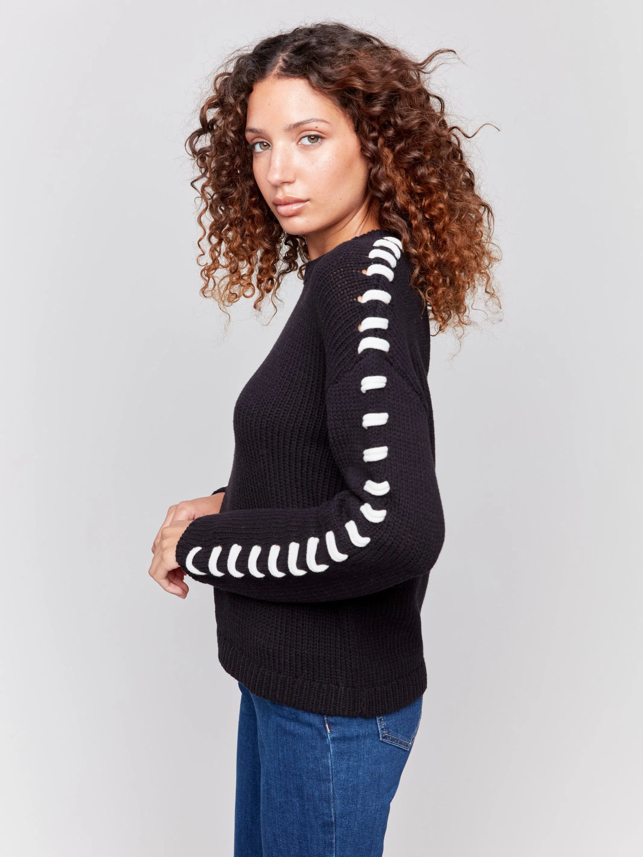 Cotton Blend Sweater with Stitch Detail - Black