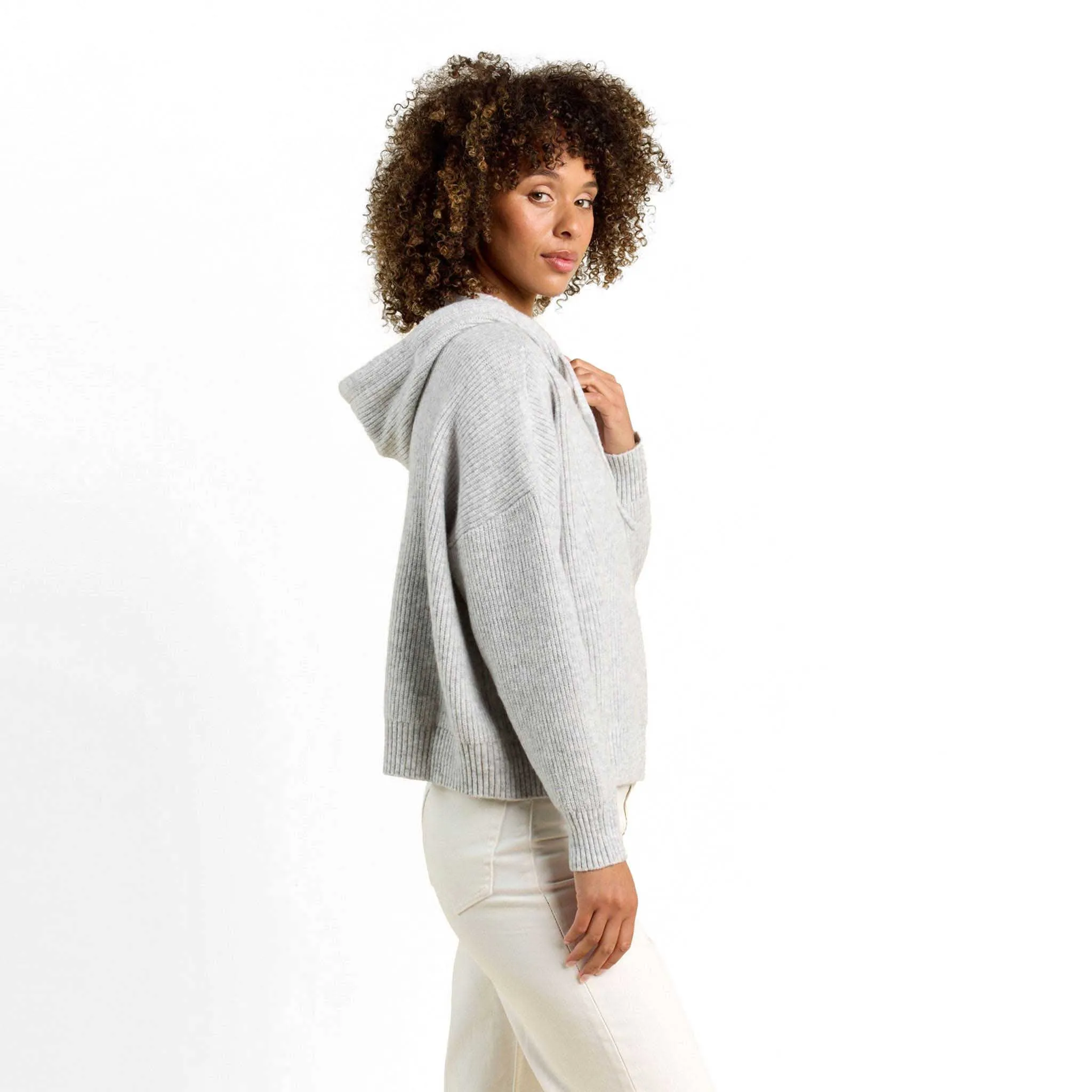 Cozy Knit Ribbed Sweater Hoodie | Heather Grey