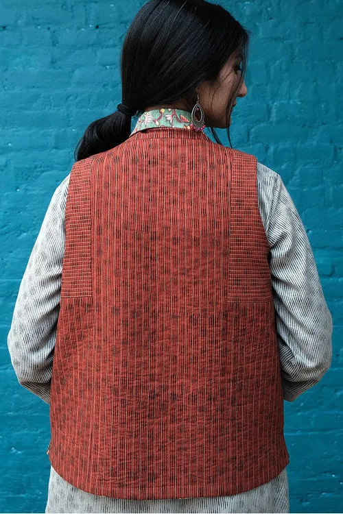 Dharan "Green Sleeveless Side Yoke Quilted Jacket" Rusty-Green Block Printed Reversible Jacket