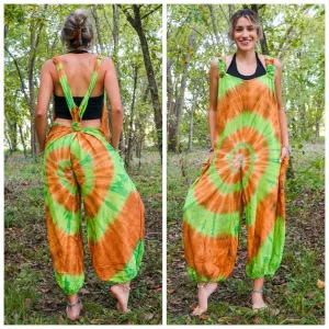 Green and Orange Hand Dyed Hippie Racerback Dungarees Jumpsuit Romper