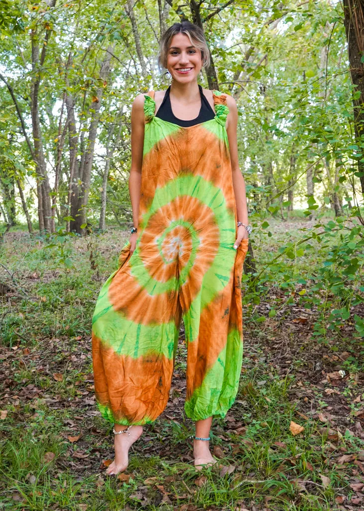 Green and Orange Hand Dyed Hippie Racerback Dungarees Jumpsuit Romper