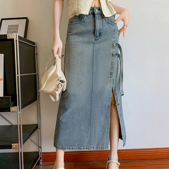 High Waist Ribbon Slit Retro Denim Skirt