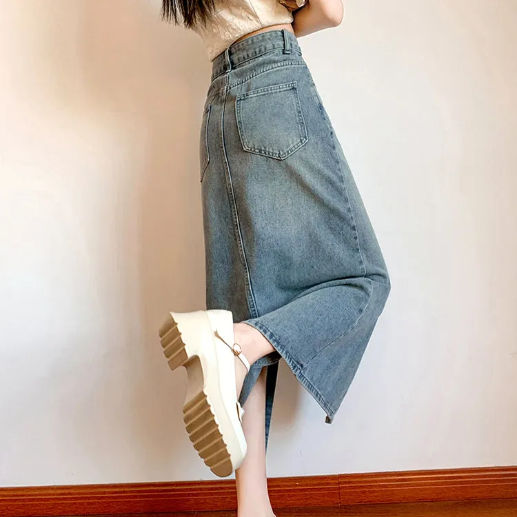 High Waist Ribbon Slit Retro Denim Skirt