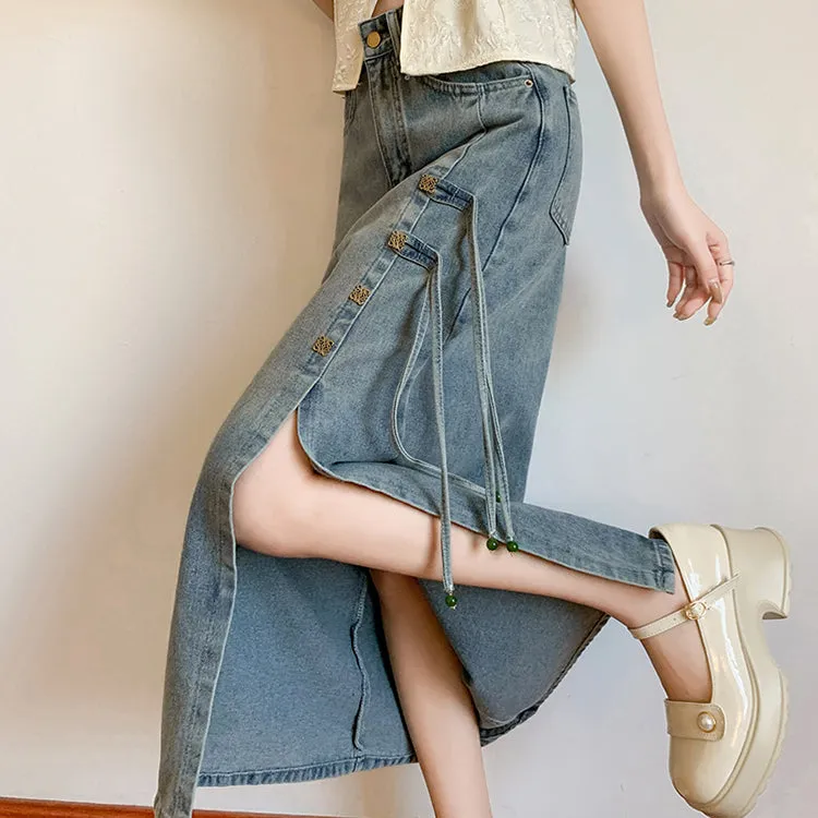 High Waist Ribbon Slit Retro Denim Skirt