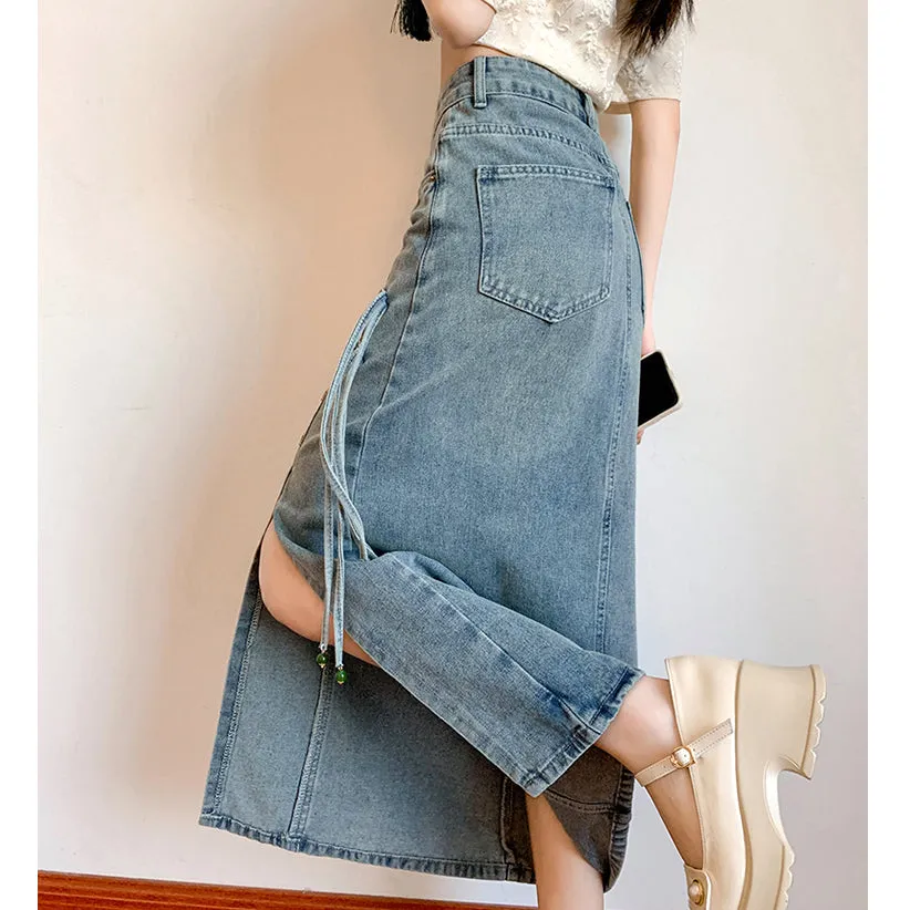 High Waist Ribbon Slit Retro Denim Skirt