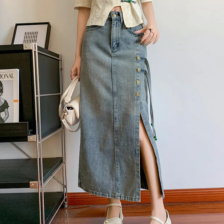 High Waist Ribbon Slit Retro Denim Skirt