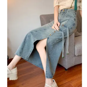 High Waist Ribbon Slit Retro Denim Skirt