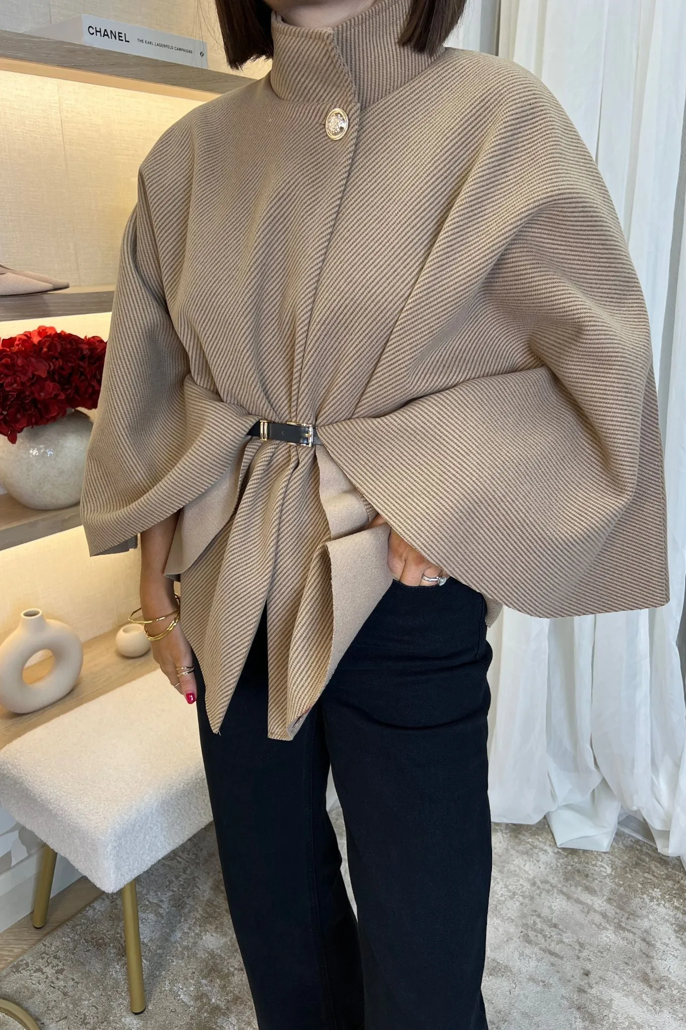 Leah Belted Cape Jacket In Camel