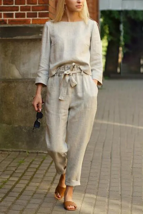 Linen Round Neck Two-pieces Set