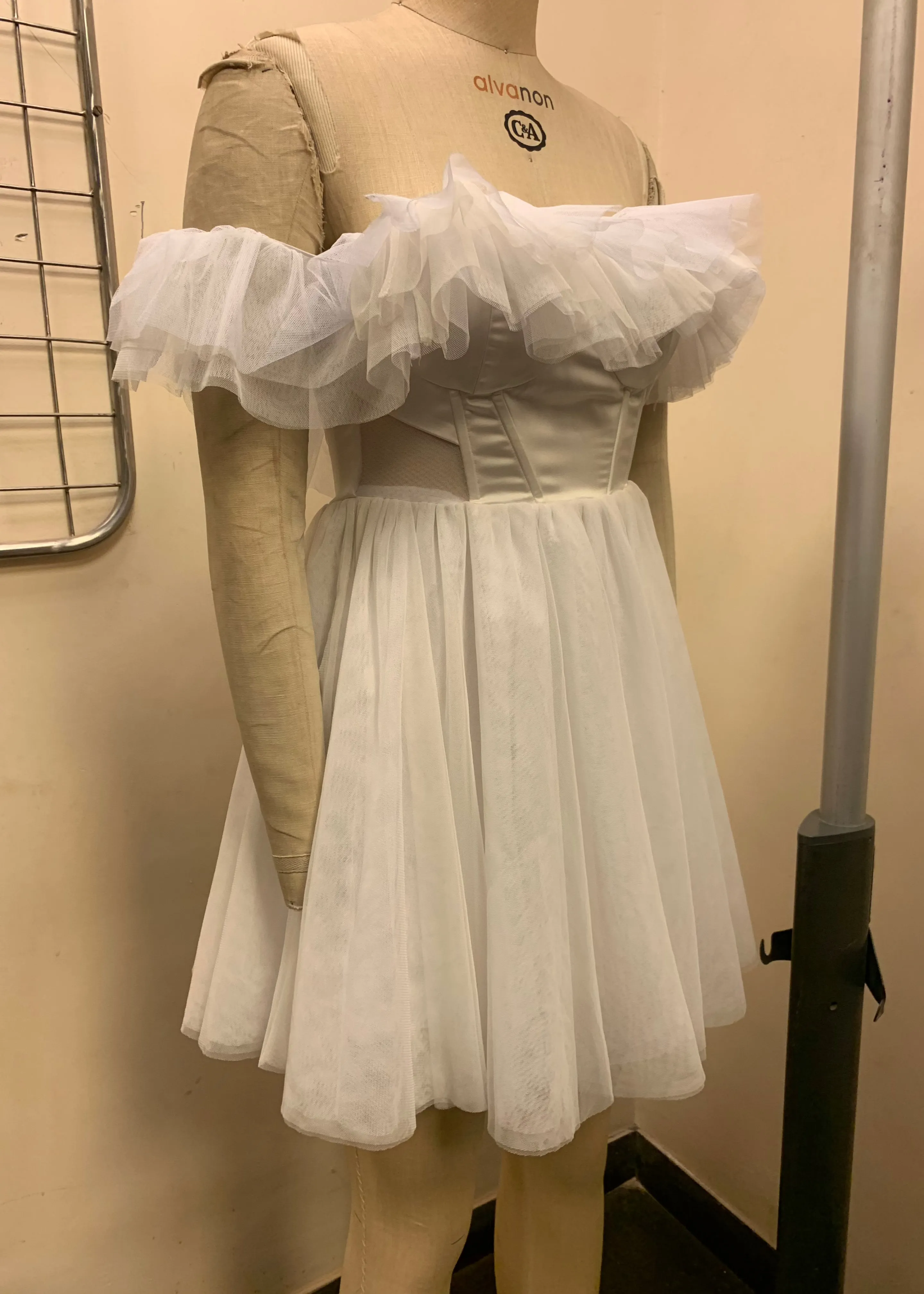 Maxine White Ruffle Tulle Corset Dress Fit Sample