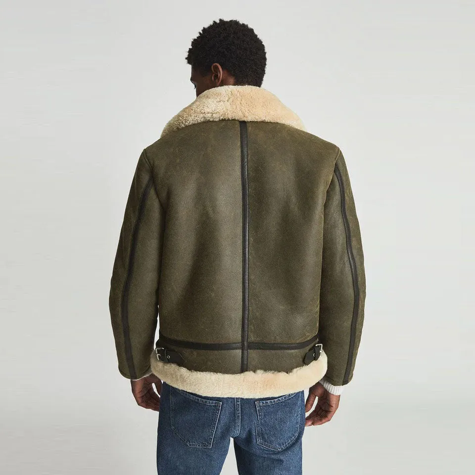 Men's Army Green Shearling Aviator Jacket - Classic Style