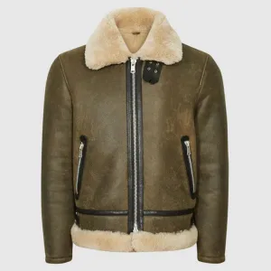 Men's Army Green Shearling Aviator Jacket - Classic Style