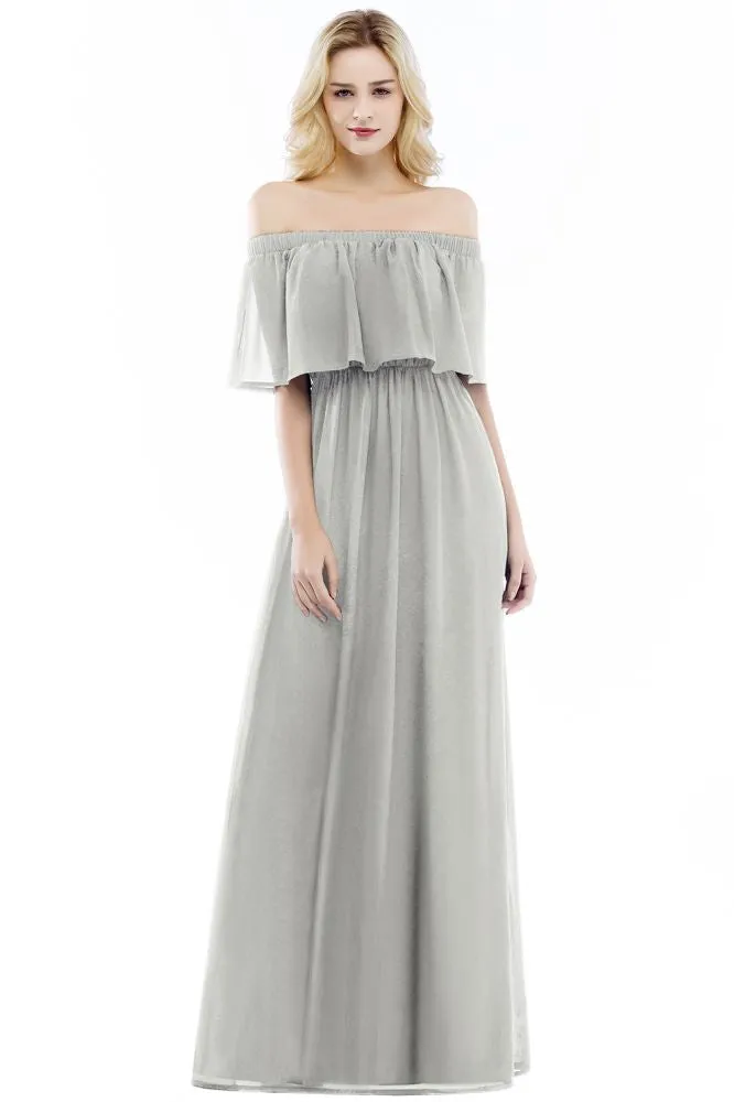 Off-the-Shoulder Floor Length Chiffon Evening Dress Sleeveless Prom Dress