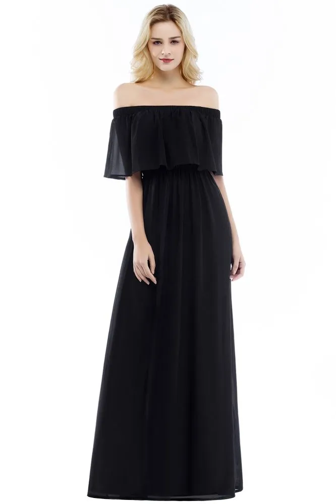 Off-the-Shoulder Floor Length Chiffon Evening Dress Sleeveless Prom Dress