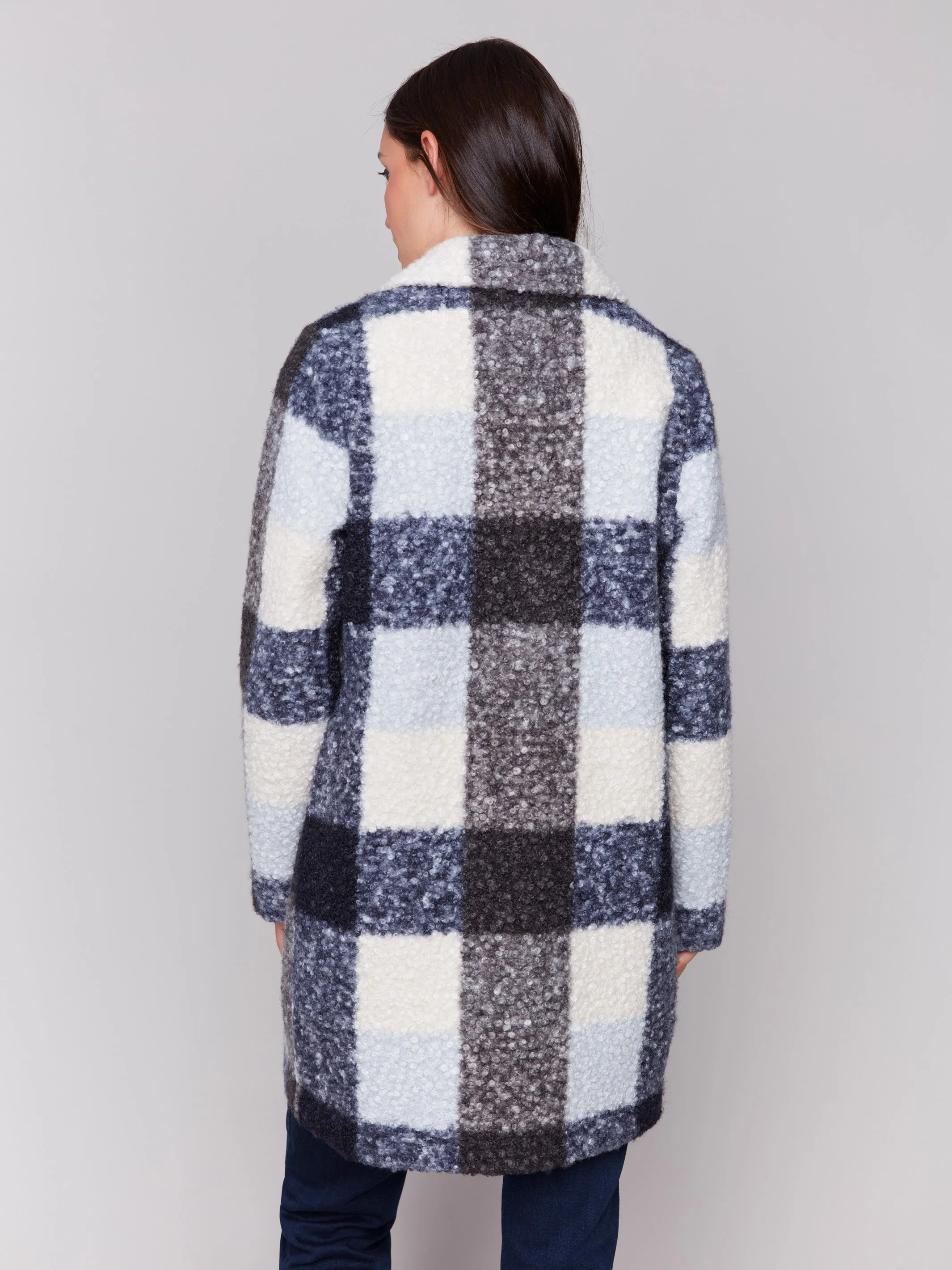 Plaid Bouclé Knit Coat - Navy