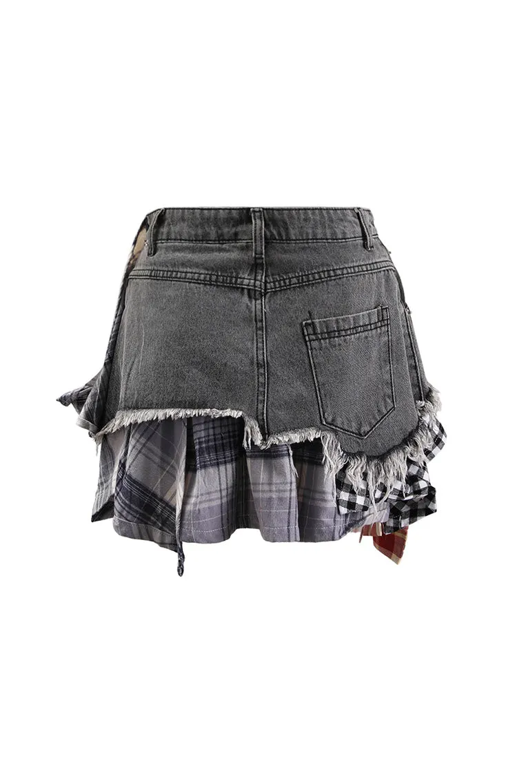 Preppy Plaid Patchwork Layered Panel High Rise Frayed Mini Denim Skirt