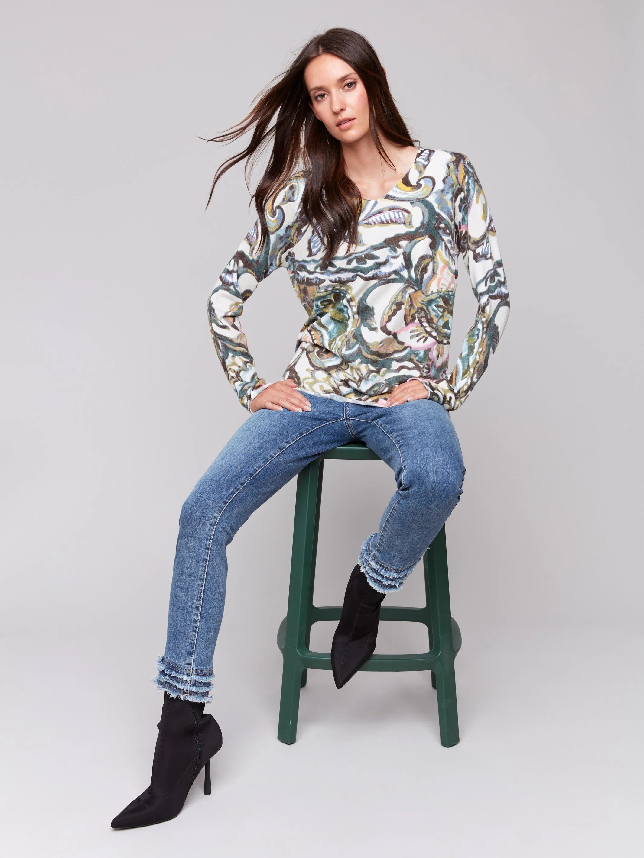 Printed V-Neck Sweater - Peacock