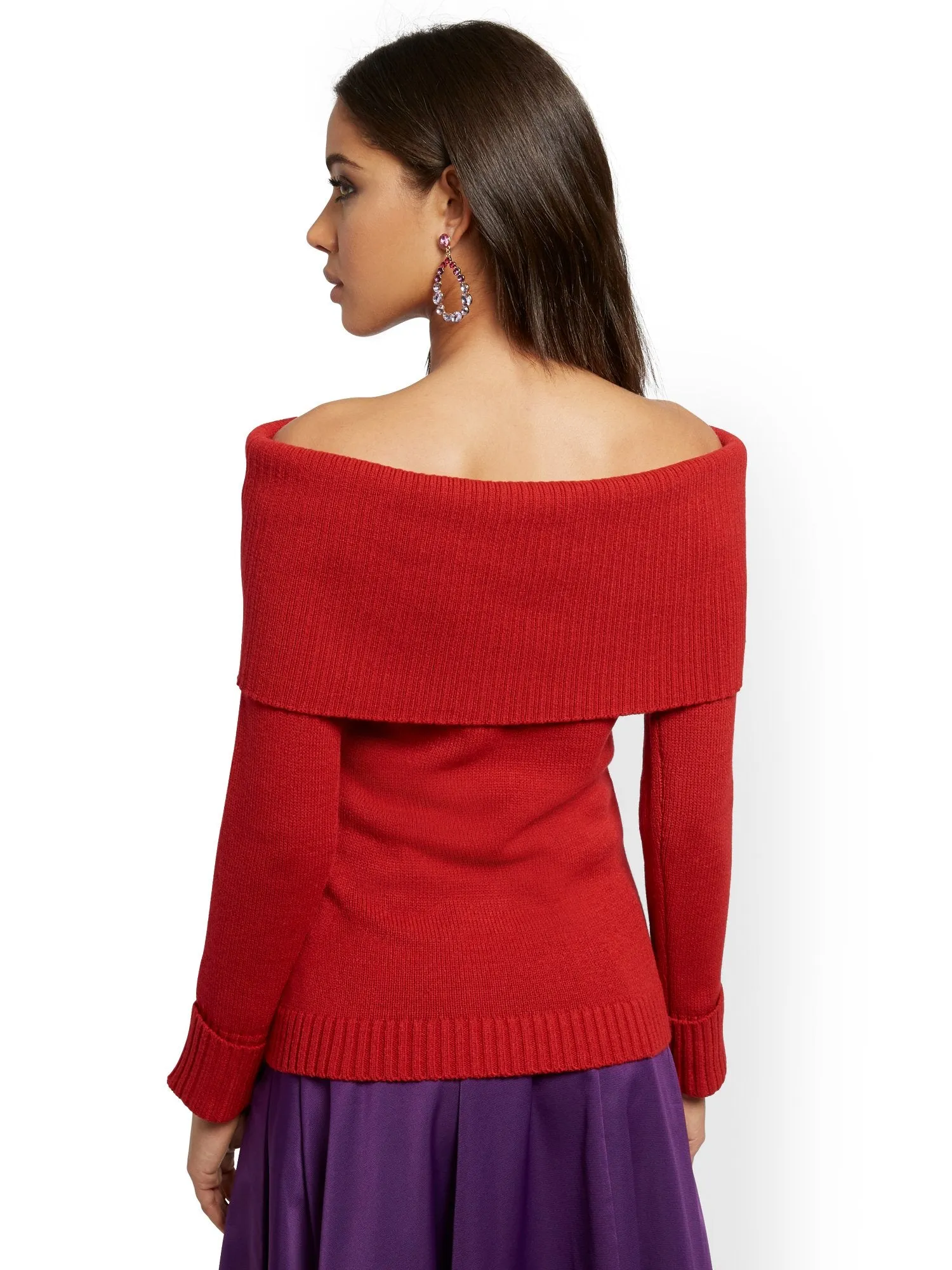 Red One-Shoulder Cowl-Neck Sweater