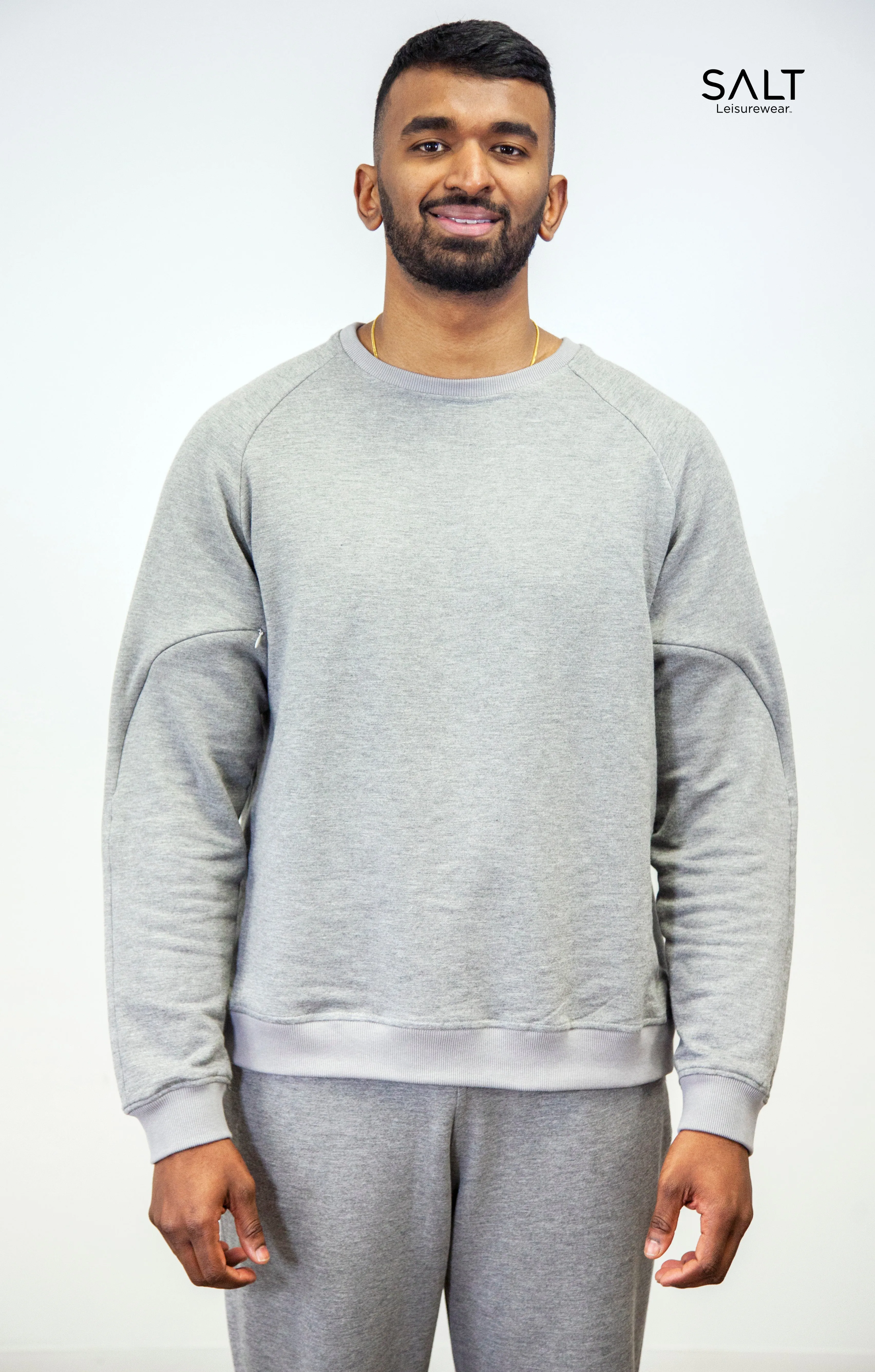 Resilient Bamboo Men’s Stone Heather Grey Crew Neck Sweatshirt (ARM PICCs for EASY ACCESS)