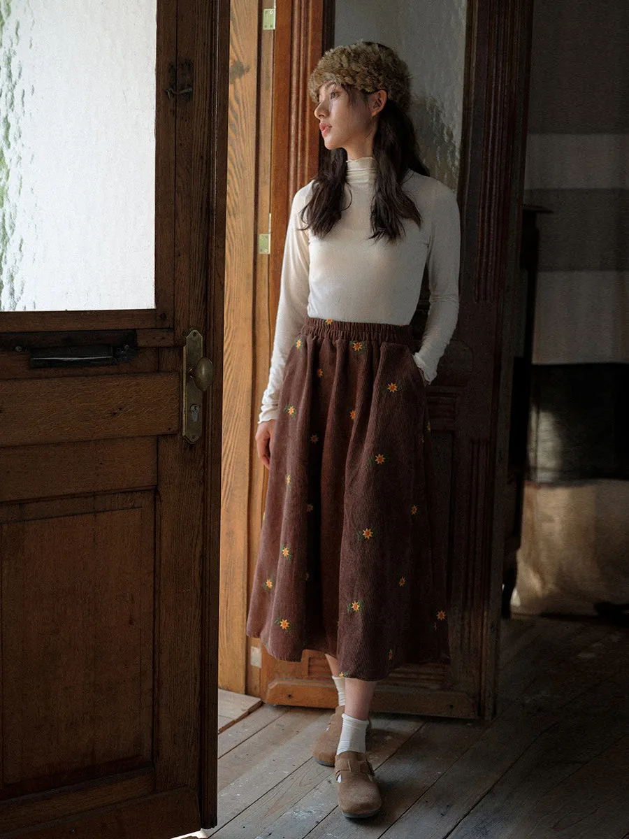 Retro Corduroy Embroidered Skirt