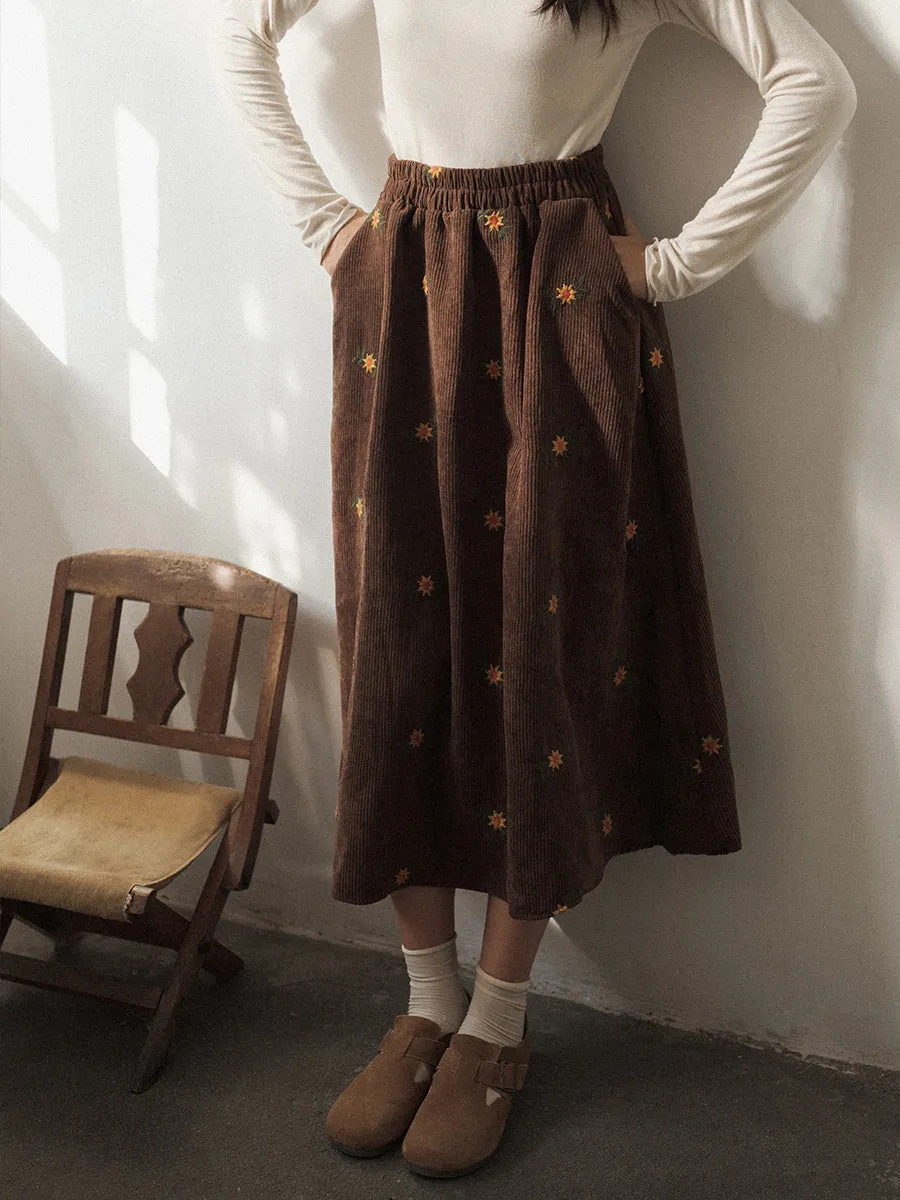 Retro Corduroy Embroidered Skirt