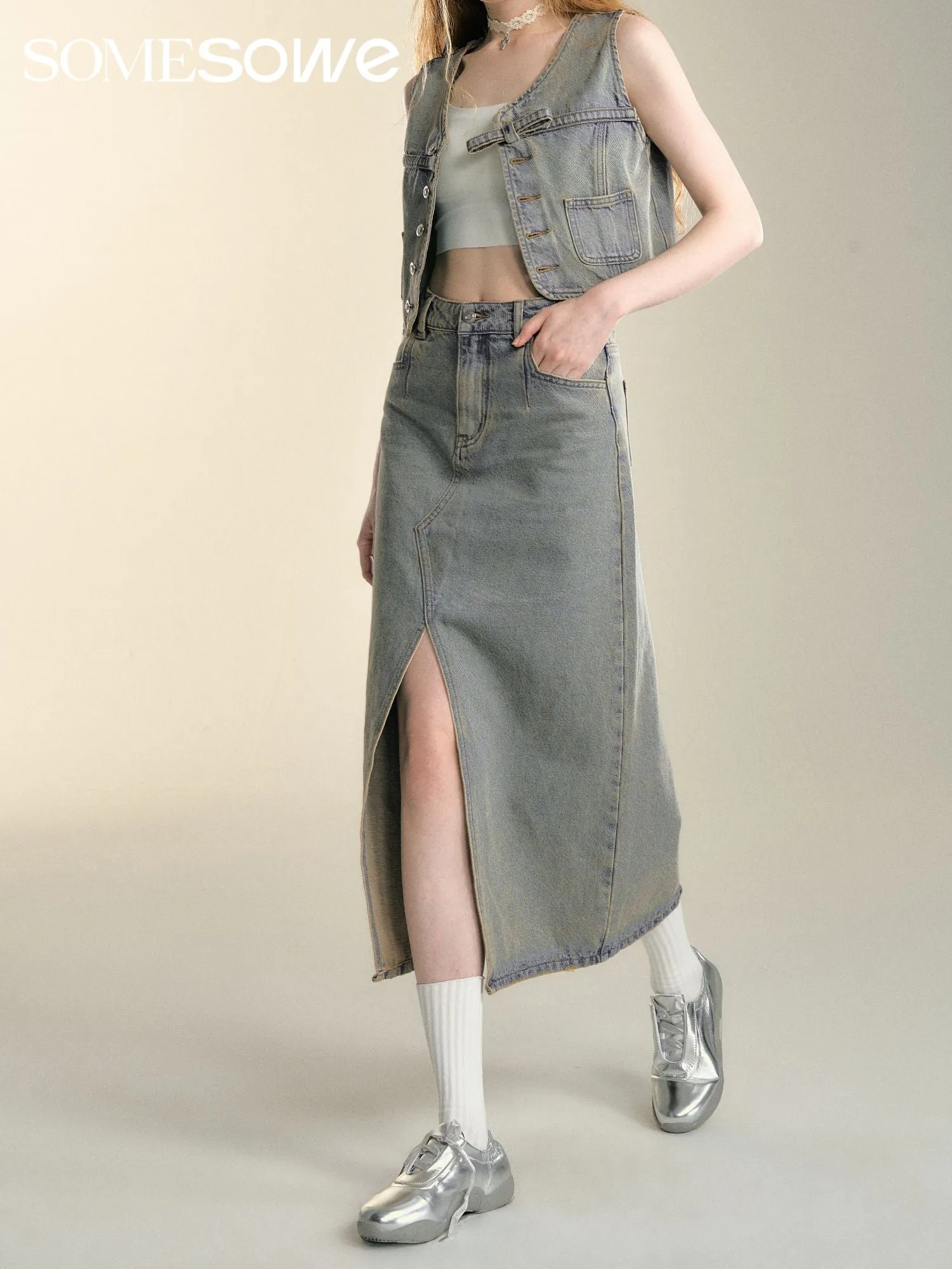 Retro Washed Denim Skirt