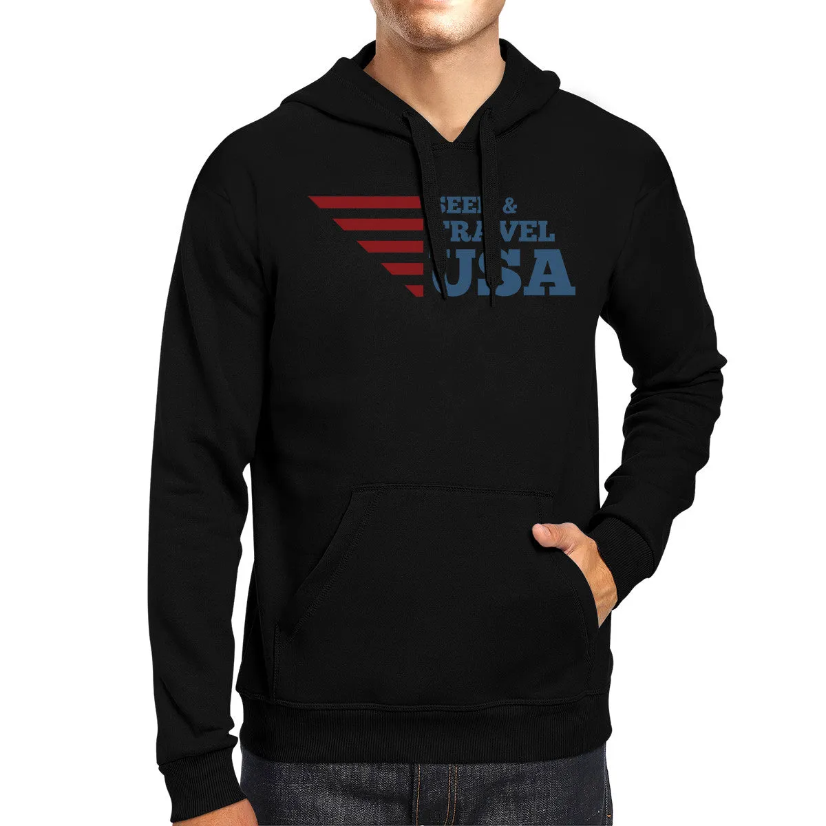 Seek & Travel USA Unisex Graphic Hoodie Black Round Neck Fleece Top