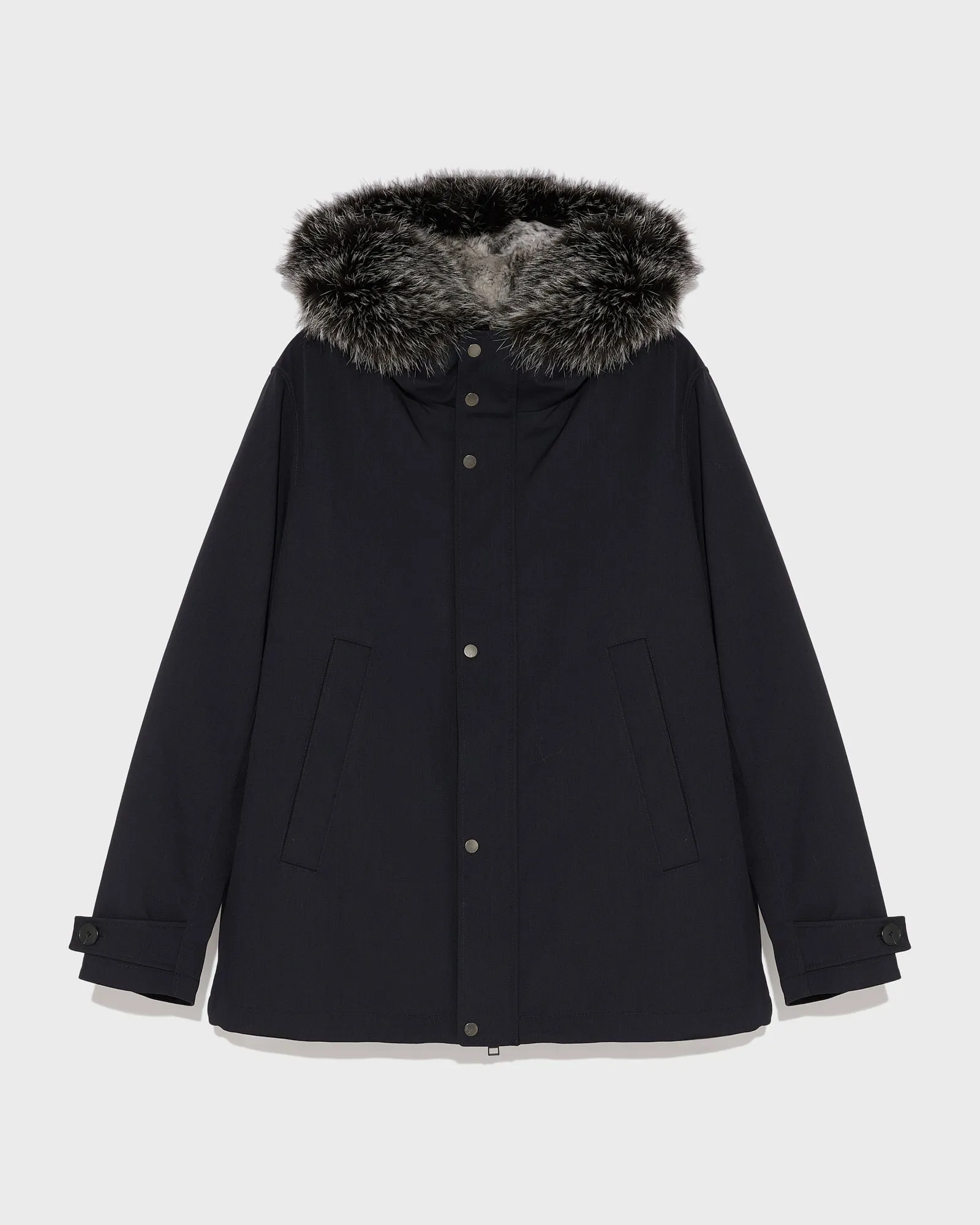 Short parka in technical wool and fur