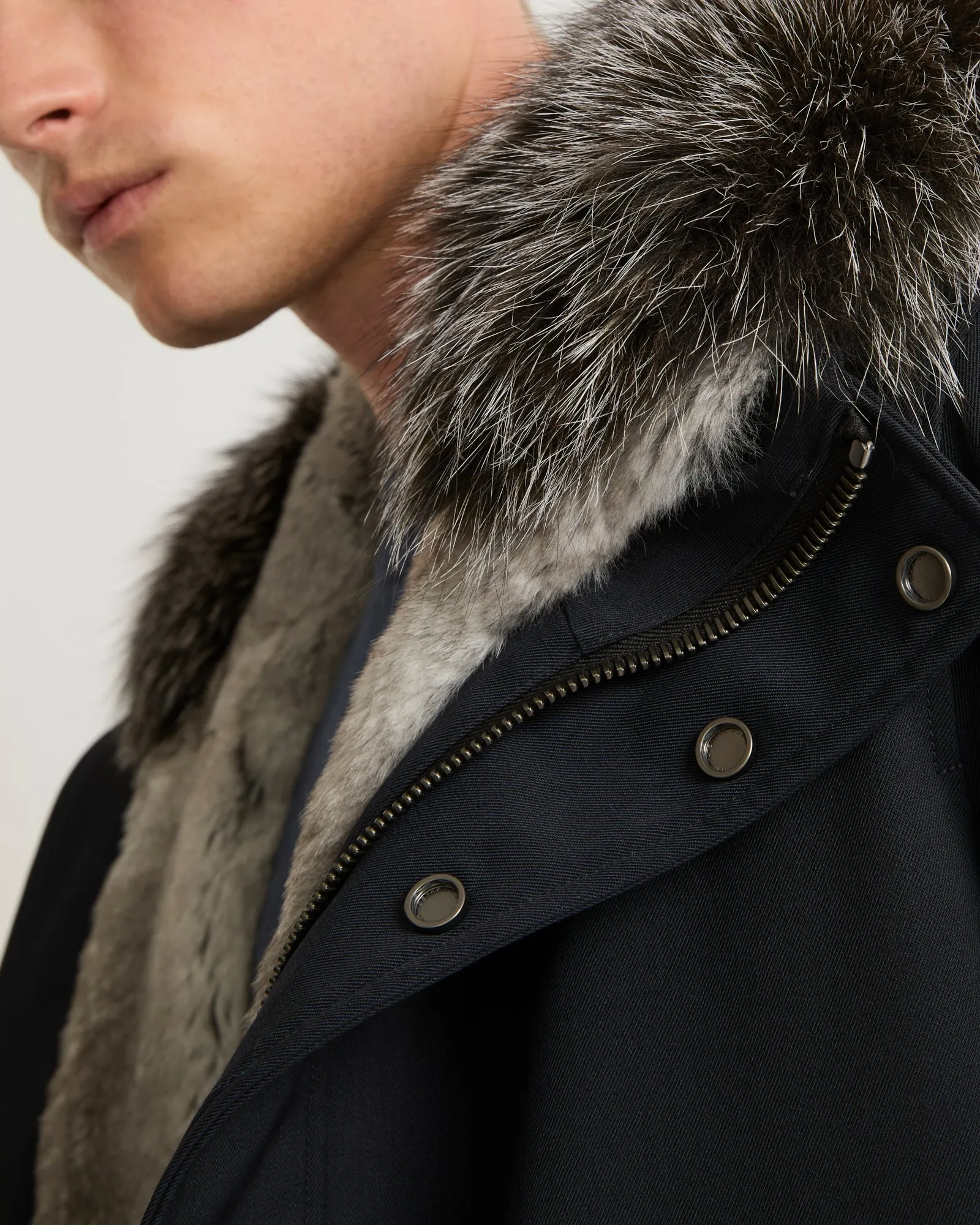 Short parka in technical wool and fur