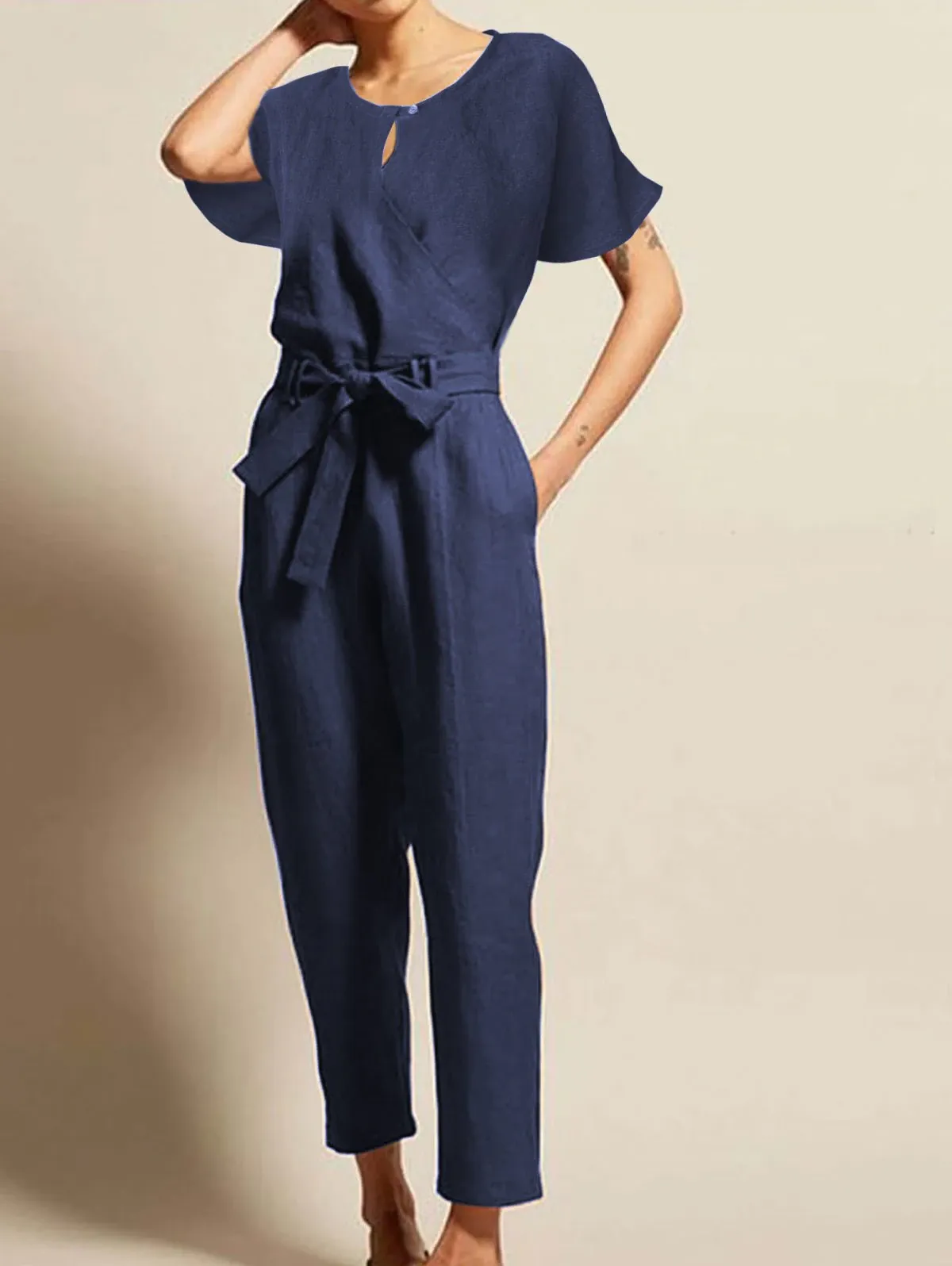 Short sleeves Belted Jumpsuit