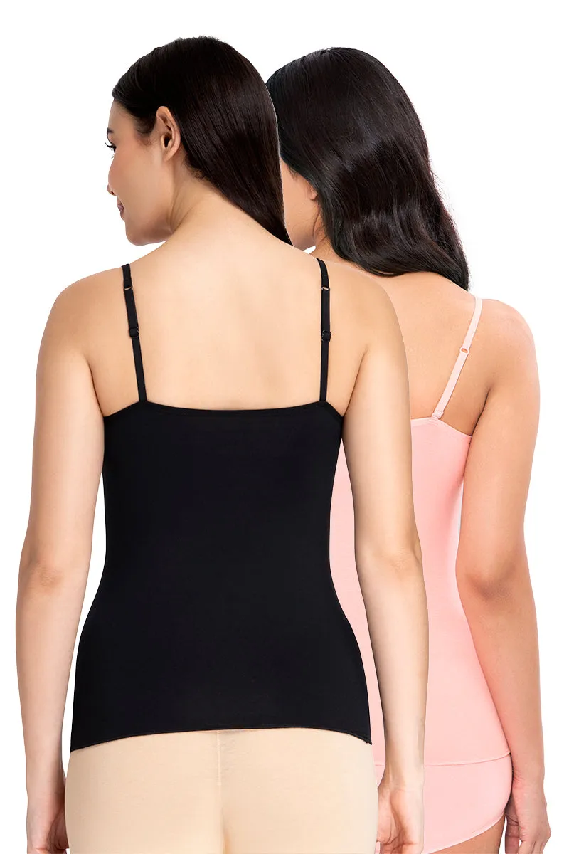 Spaghetti Strap Body Hugging Modal Camisole (Pack of 2) - Black - Impatiens Pink