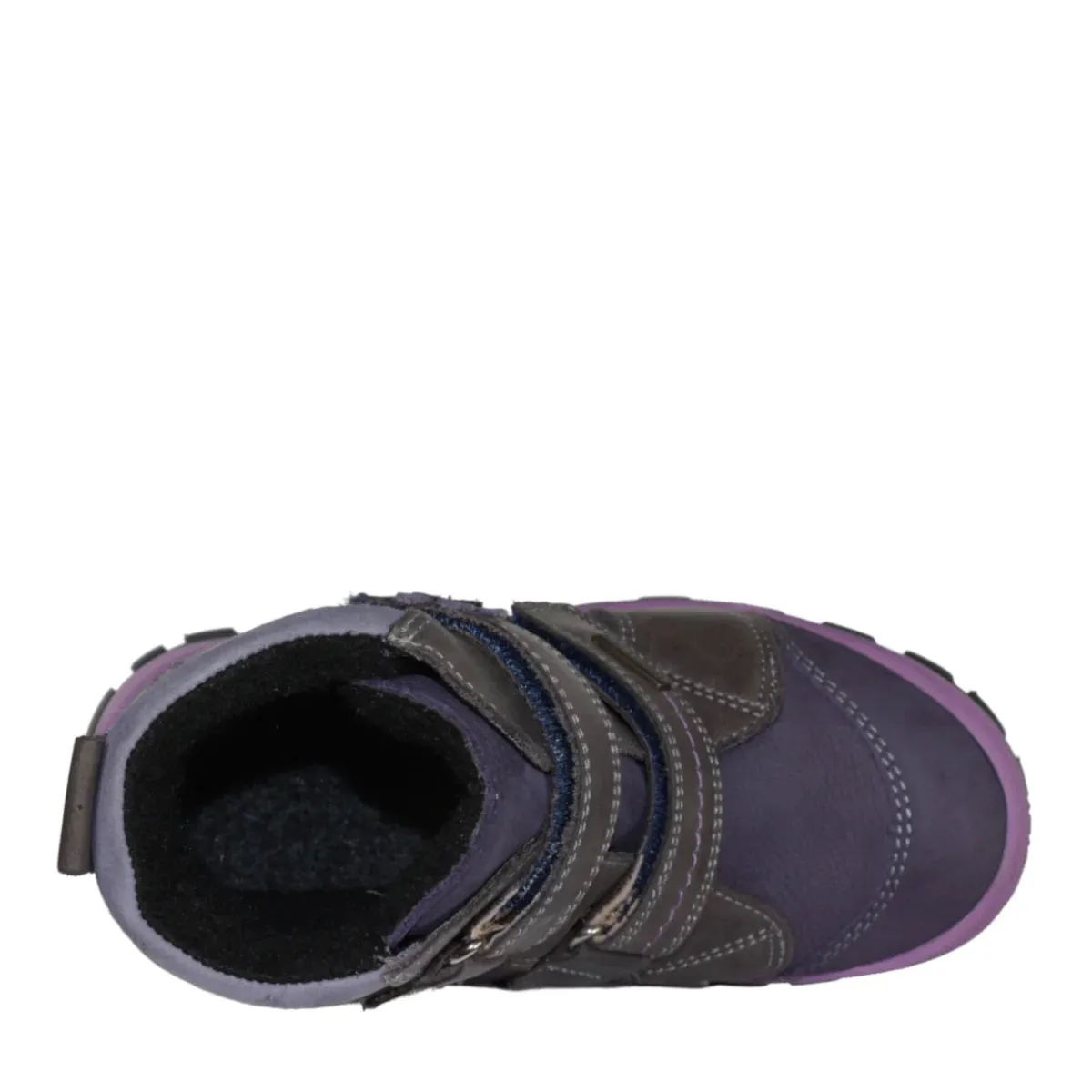 Szamos Kid Girl Boots Purple With Grey Velcro Straps And Purple Flowers - Made In Europe