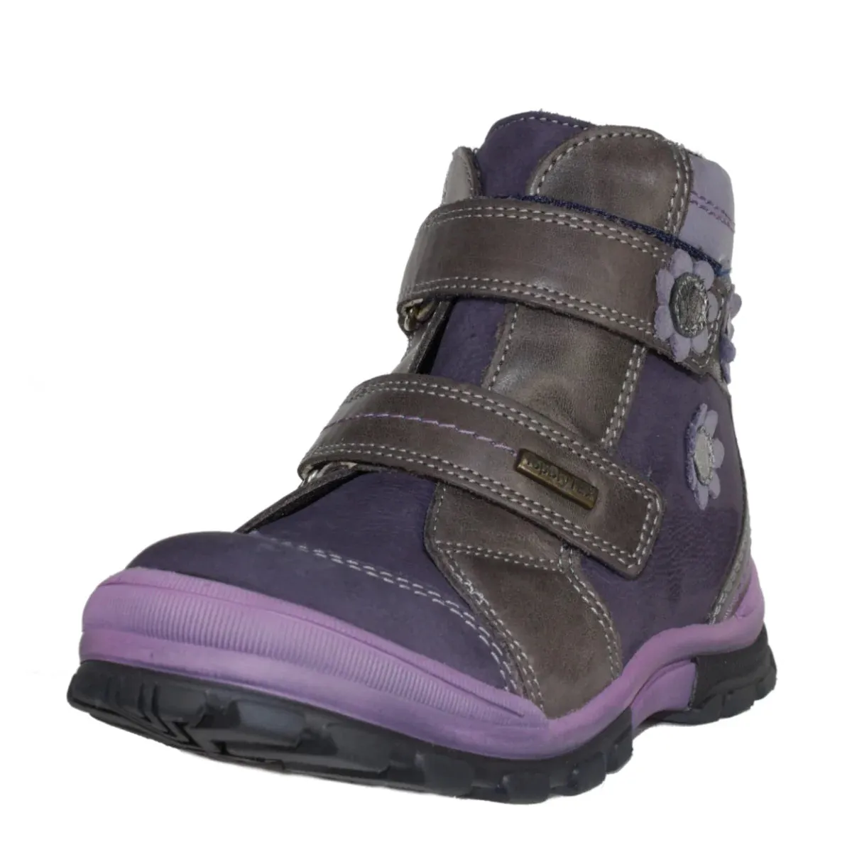 Szamos Kid Girl Boots Purple With Grey Velcro Straps And Purple Flowers - Made In Europe