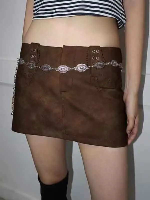 Vintage PU Zipper Brown Bodycon Skirt