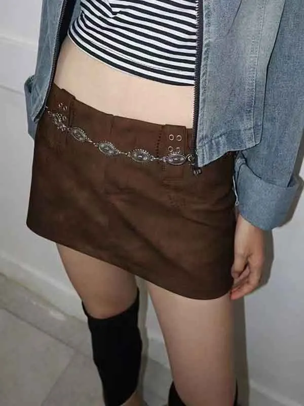 Vintage PU Zipper Brown Bodycon Skirt