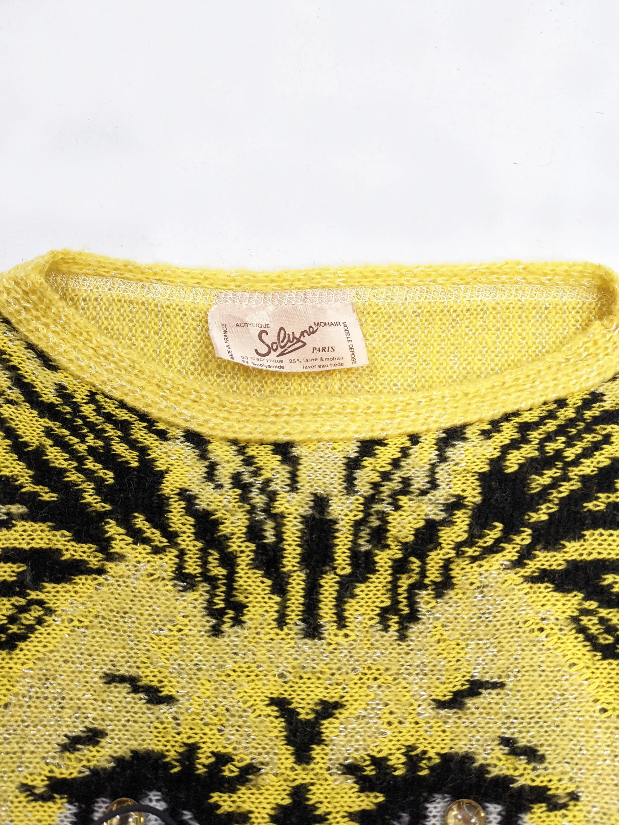 Vintage Yellow Mohair Wool & Acrylic Knit Lion Face Jumper, 1980s